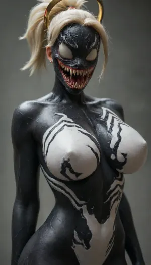 ((((mercy from overwatch)))), solo, ((((((anthro venom face body:2)))))), big breasts, score_9, score_8_up, score_7_up