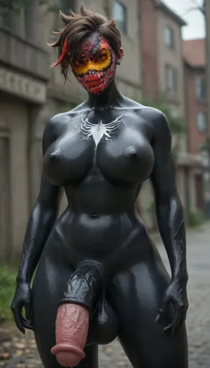 ((((tracer from overwatch)))), solo, ((((((anthro venom face body:2)))))), big breasts, score_9, score_8_up, score_7_up, futanari gigantic massive erect horse cock