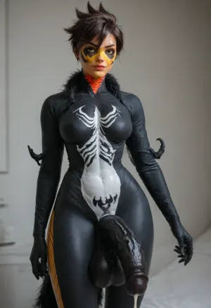 ((((tracer from overwatch)))), solo, ((((((anthro venom face body:2)))))), score_9, score_8_up, score_7_up, futanari gigantic massive erect horse cock, cumming cock