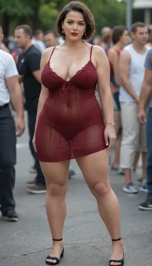 The point of view is focused on the legs of a beautiful and tender woman. She is a short mature MILF with a plump, round face. The woman wears black eyelashes and red lipstick.In the scene, she is standing in the middle of a night party, stared by college boys. They are focused on her body. The woman has nice muscular legs, and a pin crown. She is wearing a lace nightgown that reveals her curvaceous body. One of her breasts is falling out. The woman has wide hips and long perfect legs.The man in the scene is tall, fat, has a haircut, and is mature. The scene is set in 8k resolution and is photorealistic. It features a full body view.The colors in the scene are green, red, and purple. The eyes have pupils. The woman wears casual transparent peasant clothes and dressy clothes. Her chest is flat, breasts are big or huge, her neck is very short. Her tits are seen through her dress. Her hips and thighs are wide. Her belly is fat and plump. She has short brown hair, bobcut. She has muscular arms and abs.The models used in this scene are, and, ., <lora:Venus_Body_Alpha:.4>