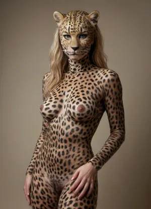 Full Body view of beautiful anthropomorphic Leopard Woman, beautiful face, naked, nude, whole body covered in Leopard spots, (whole Body covered in Leopard spots:1.5)
