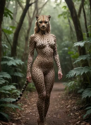 Full Body view of beautiful anthropomorphic Leopard Woman, beautiful face, naked, nude, whole body covered in Leopard spots, (whole Body covered in Leopard spots:1.5), leopard tail, full Body visible, Standing in jungle