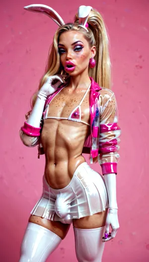 Jessica rabbit, ((very skinny and tall)), 18 yo, bimbo slut, transparent plastic micro jacket, blonde hair, (freckles:1.5), high ponytail with bangs, ((gigantic plump lips)), tiny breast, flat chest, heavy bimbo makeup, ((bimbo makeup, intense saturated glossy magenta lipstick)), transparent plastic micro bikini, white latex pleated micro skirt, white latex rabbit ears, gloves, (femboy, gigantic penis bulge in panties), pink background, massive swollen lips, thick body