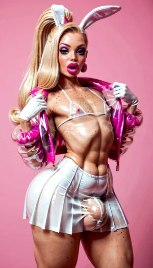 Jessica rabbit, ((very skinny and tall)), 18 yo, bimbo slut, transparent plastic micro jacket, blonde hair, (freckles:1.5), high ponytail with bangs, ((gigantic plump lips)), tiny breast, flat chest, heavy bimbo makeup, ((bimbo makeup, intense saturated glossy magenta lipstick)), transparent plastic micro bikini, white latex pleated micro skirt, white latex rabbit ears, gloves, (femboy, gigantic penis bulge in panties), pink background, massive swollen lips, thick body