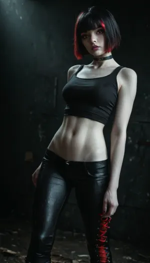 Slender 21yo woman, (bob cut and bangs black hair:1.3), (red highlights), Oval high cheekbone face. Wide jaw., (Pale skin:1.5), with soft features, heavy dark eyeliner and purple lip gloss.

Wide brown eyes, filled with devotion and submission, (Wearing black tank top, dark tight side laced leggings and high heel boots. Also wearing a thick black choker), Submissive body language, (Standing in a dirty dark room), realistic detailed face, detailed hair, realistic detailed body, realistic detailed skin, realistic detailed breasts, realistic detailed pussy, random view angle, action pose, <lora:add-detail-xl:1.5>, <lora:style_lora_realis:.5>, <lora:dark:.8>, detailxl