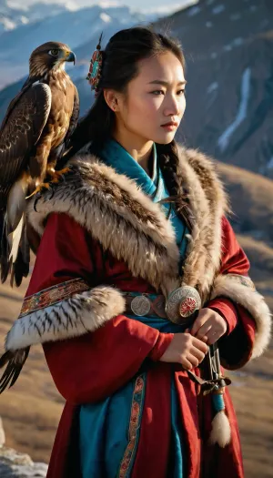 Incredibly realistic image, full colour image, full body view, 8K quality, ultra detailed, masterpiece, 19-year-old beautiful Mongolian girl, ((wearing traditional Mongolian clothing of fur and silk)), bare tits, ((she has a hunting hawk perched on her forearm, on a falconer's glove)), standing over a cliff in the mountains, ((the valley below swirling with mist))