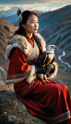 Incredibly realistic image, full colour image, full body view, 8K quality, ultra detailed, masterpiece, 19-year-old beautiful Mongolian girl, ((wearing traditional Mongolian clothing of fur and silk)), bare tits, ((she has a hunting hawk perched on her forearm, on a falconer's glove)), standing over a cliff in the mountains, ((the valley below swirling with mist))