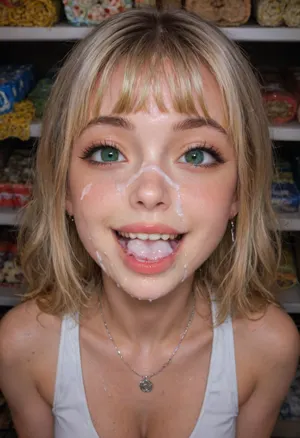 Uhd, hdr, 4k, high angle looking down, at the store, (Absolutely stunning young blonde freshman, 18 year old hottie), thin amateur face, high cheek bones, small cute nose, nose piercing, (perfect big green eyes:1.2), extremely detailed sexy eyes, (long thick curled eyelashes), very aesthetic manicured eyebrows, (smokey eye shadow), eyeliner, (thick bangs, one long side bang:1.4), (hair bangs:1.4), perfect skin with light freckles, gorgeous thick lips, candy pink lips, (very excited happy open mouth smile:1.4), visible long tongue, cum in mouth, cum on tongue, visible perfect teeth, (detailed dental braces), defined jawline with small chin, cheek dimples, thin neck with elegant silver necklace, pierced ears, beautiful ribbon in her hair, (perfect smooth straightened hair), big breast cleavage, tight tank top, silky tank top, face focus, (cum covered face:1.7), <lora:xl_more_art-full_v1:.8>, raw, lighting, overexposed, harsh, flash, <lora:Rawfully Stylish v0.2_epoch_20:.8>