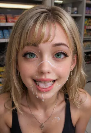 Uhd, hdr, 4k, high angle looking down, at the store, (Absolutely stunning young blonde freshman, 18 year old hottie), thin amateur face, high cheek bones, small cute nose, nose piercing, (perfect big green eyes:1.2), extremely detailed sexy eyes, (long thick curled eyelashes), very aesthetic manicured eyebrows, (smokey eye shadow), eyeliner, (thick bangs, one long side bang:1.4), (hair bangs:1.4), perfect skin with light freckles, gorgeous thick lips, candy pink lips, (very excited happy open mouth smile:1.4), visible long tongue, cum in mouth, cum on tongue, visible perfect teeth, (detailed dental braces), defined jawline with small chin, cheek dimples, thin neck with elegant silver necklace, pierced ears, beautiful ribbon in her hair, (perfect smooth straightened hair), big breast cleavage, tight tank top, silky tank top, face focus, (cum covered face:1.7), <lora:xl_more_art-full_v1:.8>, raw, lighting, overexposed, harsh, flash, <lora:Rawfully Stylish v0.2_epoch_20:.8>