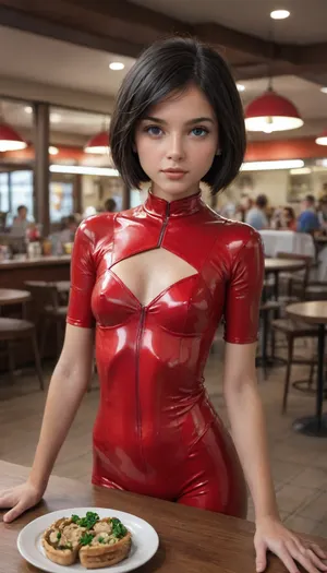 (UHD 8K, extreme realism, maximum detail, (crowded restaurant:1.4), Clover, totally spies, tall, slim, fair-skinned, blue-eyed, Caucasian, black hair, short bob cut, very beautiful girl, (young:1.6), (puffy breast:.9), ultra cute face, ultra cute body, dark red latex catsuit, cleavage, alluring, inviting, dynamic pose)