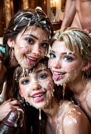 Three women, sloppy french kissing, smiling, eyes open, (Cum details), realistic cum, Prominent cum, (white cum), cum on, (Cum flows), (cum on body), cum on head, (cum on face), ((body covered with cum)), bedroom, castle, face, Face covered in cum, (A lot of cum), two men, women surrounded by cocks, bukkake, cum, (styles and tinkerbell and Anna from frozen), <lora:JustCum:1.9>, <lora:cum_in_eye_deepmind:1.9>, <lora:MS_Real_XL_Bukkake:1.9>
