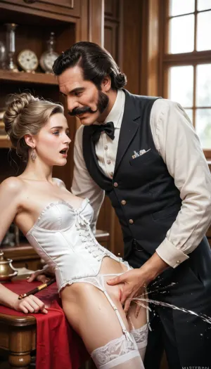 Two persons, a 19th century old serious male doctor, moustache, beard, whiskers, pipe, in Black pants and Black vest, standing, in victorian doctor's cabinet, leaning and fingering a Cute 20 year old virgin's pussy, tied up hair, in white corset white and stockings with garter belt, Moaning, lying on a table on tablecloth, her hands cuffed on back, giving her a squirting, (squirt:1.6), orgasm, side view, faces far apart