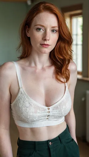 Wife, 29 years old, ginger, redhead hair, ((pale skin)), white skin, ((small falling Tits)), ((saggy boobs)), . Tight tanktop, summer trousers, Bra under the tanktop