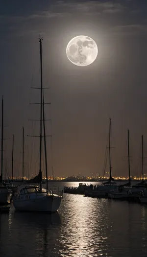 The night silhouette of the city was captured by a professional camera from the bay. The night lights accentuate the silhouettes of skyscrapers against the cloudless night sky, and the huge gray moon is partially hidden by shadows. A lone sailing yacht is moored to the marina. On the pier, a naked girl stands in front of everyone, illuminated by the moonlight