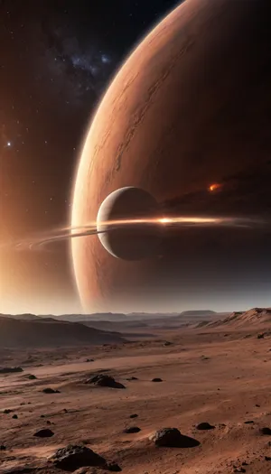 A realistic space landscape of a distant exoplanet, space phenomena in the sky, fantastic views, Saturn's rings in the sky, galaxy, Mars rising from behind Jupiter, milky way, craters on the surface, star trek