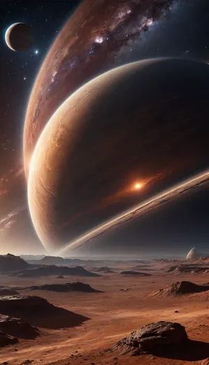 A realistic space landscape of a distant exoplanet, space phenomena in the sky, fantastic views, Saturn's rings in the sky, galaxy, Mars rising from behind Jupiter, milky way, craters on the surface
