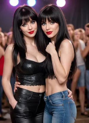 2 sexy milfs, glamorous makeup, (((long shaggy black hair with full fringe))), pale skin, big tits, no pubic hair, red lipstick, black eyeshadow, black eyeliner, blue eyes, long fake eyelashes, looking at viewer, wearing low rise jeans, dancing, having fun, partying, showing off tits at wild rock concert