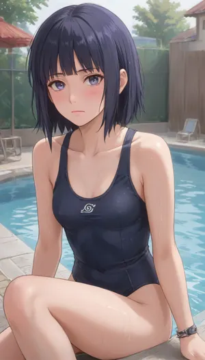 1. Little Hinata from Naruto, Appearance, Hinata has dark blue hair and pale skin, like all members of the Hyuga clan. Her distinctive feature is the Byakugan, which gives her eyes an expressionless white color, (in the anime, it is a shade of lavender), . Hinata is quiet and modest, with a short hime-style haircut, with bangs and strands framing her face. She's wearing a tight swimsuit, she's wet, she has small breasts, her nipples are sticking out, she has beautiful legs, and she's sitting on the edge of the pool, her legs are in the pool, and water is dripping down her legs and breasts. The pool is an outdoor school pool., <lora:outline_xl_kohaku_delta_spv5x:1.3>, <lora:NEOTOKIOXL_0.2_RC:.7>, <lora:Ppolar-P3v1-NbVp10:.7>, <lora:one breast out XL:2>, <lora:cartoon_stickers_xl_v1:.5>