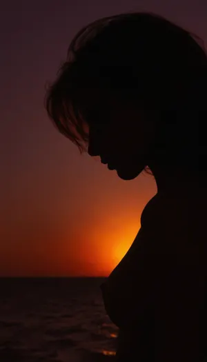 ziprealism, score_8_up, score_9, (profile, silhouette, backlighting, Chiaroscuro:1.5), (medium closeup shot, rule of thirds:1.2), (sharp focus, high saturation, high contrast), (90s esthetics, vaporwave sunset color palette:1.4), (beautiful woman, nude study, feminine seduction, confidence, poise, passionate, sexy pose), (long hair), (ocean sunset:1.2), <lora:add-detail-xl:.8>, igbaddie, <lora:igbaddie-XL:.2>