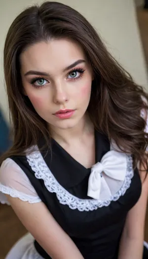 35 year old brunette girl, ((French maid)), ((sitting on her knees)), ((shot from above)), ((office room)), ((fringe long hair)), ((pale brown eyes:1.3)), ((beautiful vibrant eyes)), wide set eyes, ((extremely long eyelashes)), ((dark mascara)), ((heavy makeup:1.2)), ((dark eye shadow:1.2)), thick eyebrows, ((large wide nose:1.3)), ((huge lips:1.3)), ((full lips:1.3)), puffy huge lower lip, beautiful face, intense gaze, seductive expression, ((medium rounded breasts:1)), ((hard nipples)), hair pussy, ((huge pink wet pussy)), ((fully nude)), slender arms, fit shoulders, pale skin, highest quality, ultra realistic, finely detailed, perfect details, ((full body view:1.3)), ((view from above:1.3)), bogdasha1, ponychar3-RBSYPV3, curvaceous2, long, hair, looking, at, viewer, burgundy, brown, eyes, mole, portrait, freckles, realistic, <lora:bogdasha3:.8>, <lora:ponychar3-0-RBSYPV3:.8>