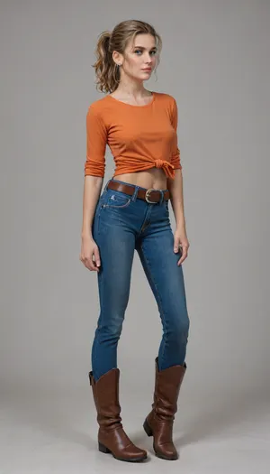 annabeth chase from the percy jackson books, blonde hair, messy hair, curly hair, crude ponytail, fit body, orange shirt, tee shirt, blue jeans, brown cowboy boots, dual brown combat belt, person, alone, muscular body, athletic body, form fitting clothes, full body view