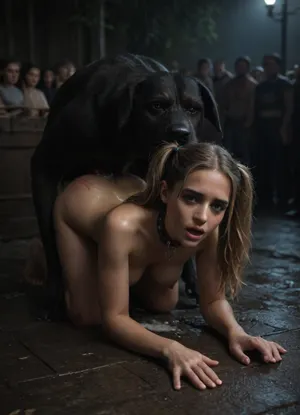masterpiece, high resolution, ultra-realistic, defeated, wounded, forced, sexy, blush, perfect makeup, open mouth, nude, long wet hair, sex from behind, sweaty, glistening skin, slim waist, wide hips, bend over, on all fours, ass up, on the floor, massive boobs, blonde hair, pigtails, crying, cleavage, ((scratch marks:1.3)), ((slave collar:1.2)), ((handcuffed)), from behind, cum on ass, ejaculation, cum on the ground, (thick cum puddles:1.4), canine doggystyle, K9, monster dog fucking a girl from behind, ((knotted penis:1.3)), ((zoophilia:1.4)), crowd, Louisiana swamp, night, ((heavy rain)), jack o lantern, ((photorealistic:1.7)), <lora:bombshell_v2:1.5>, <lora:bboobs-000005:1.4>, <lora:dark:1.3>