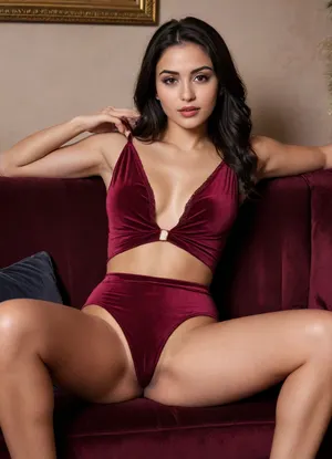 A 25-year-old girl, skin texture, dark skin, Turkish roots, brown eyes, drawn retina, light makeup, arrows on eyelashes, long smooth black hair, perfect athletic body, flat stomach, young medium-sized breasts with large erogenous nipples, dressed in a short black top, mouth-watering pumped ass, round buttocks, long legs, barefoot, lying on a burgundy velvet sofa, posing for a photo shoot, taking seductive poses for a photo shoot, perfect skin, the look of a girl's whole body, NEGATIVE_HANDS, BadX, <lora:681678_training_data:.8>