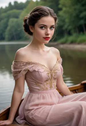 Portrait of a young woman, probably 20 years old, with fair skin and captivatingly expressive blue eyes. A soft, pink blush adorns her cheeks, complementing her full, luscious lips, painted with deep red lipstick. Her dark brown hair is styled in an elegant updo, with a side strand cascading down her back. She wears a light beige flowing dress with delicate lace trim and gold embroidery featuring a stylized bird. The off-the-shoulder design of the dress and the soft drape accentuate her curves. The fabric looks luxurious and rich, with subtle variations in tone and texture.
Dress pulled down to reveal bare breasts, medium soft breasts, realistic breasts, shows you 80% of her breasts, girl sitting in a wooden boat floating on a river, girl shy, sweet smile, dimples, freckles, picturesque nature, fog over the river.