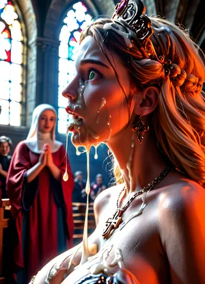 In the church, ((profile view)), thirsty for sperm, just had cum splashed in face and mouth by the priest, (very surprised by excessive cum), (dripping cum from mouth on breast), drooling cum, cum on face, cum on hair, her mouth filled with semen, massive breast, green eyes, high res, (very realistic face), masterpiece, best quality, ultra-detailed, illustration, colorful, ray tracing, 4k, (extremely detailed), soft lighting, tracing, soft shadows, detailed face, textured skin, <lora:MJ52:.8>