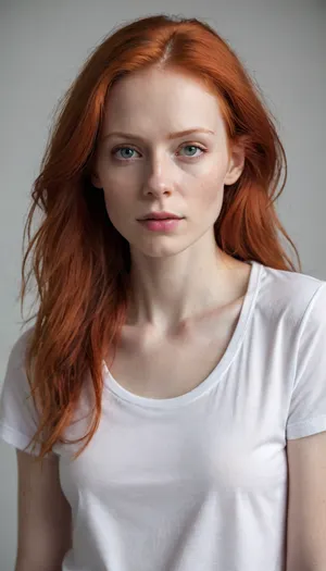 A photorealistic portrait of a Scandinavian woman, 35 y.o., long hair, red wild hair, extremely pale skin, extremely pale face, albino, high cheekbones, very skinny face, very skinny, androgynous body, pitch black eyes, full height, wearing a plain white t-shirt, neutral background, 8K, UHD, hyper-photorealistic