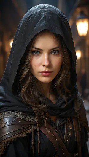 (highly detailed candid photo of bandit:1.2), 1girl, solo, long hair, looking at viewer, brown hair, hood, armor, lips, cloak, (realistic:1.5), night in the medieval alley, masterpiece, (best quality:1.1), cinematic lighting, ultra photoreal, (photorealistic:1.3), (sharp focus:1.1), (depth of field:1.5), 50mm, style of Nathan Wirth, Hasselblad X1D II, Porta 160, <lora:RPGBanditXL:.5>