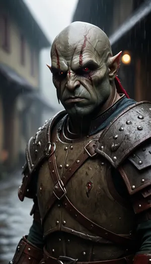 highly detailed analog photo of an orc, orc, solo, red eyes, 1boy, upper body, male focus, pointy ears, armor, blurry, colored skin, shoulder armor, rain, pauldrons, bald


masterpiece, best quality, 8k, intricate details, depth of field, (analogue photography:1.25), (shadow play:1.4), <lora:RPGOrcXL:.5>