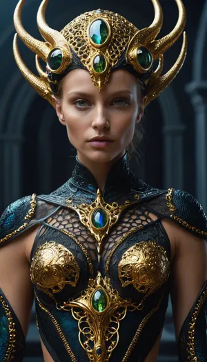 dark fantasy, Alien Nordic reptillian from venus and norway, captivating, in vibrant jewels.... Her accessories include high tech quantum neural lace and glowing gold plasma body sheath, eyes glowing, bokeh, lens flres, fisheye lens, perfect composition, beautiful detailed intricate insanely detailed octane render trending on artstation, 8 k artistic photography, photorealistic concept art, soft natural volumetric cinematic perfect light, chiaroscuro, award, winning photograph, masterpiece, oil on canvas, raphael, <lora:dark_fantasy_art:.5>