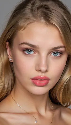 Extremely detailed realistic photo, professional shot, studio quality, UHD 16K, extreme realism, maximum detail, simple background, (full body view of a gorgeous 18 years old Caucasian girl:2), blonde girl, perfect pale skin, (insanely realistic eyes, realistic medium iris, small pupils, light spark in pupils, symmetric spark in pupils, black thin realistic iris border, light gray-blue mix eyes), (perfect bright teeth), short-medium hairstyle, skinny, slender, looks young, freckles, lot of freckles, stunning beauty, cute short upturned nose, upturned upper lip, tongue, (((biting lip))), (glossy lips:2), beautiful lips, gorgeous realistic eyes, bright eyes, seductive look, long straight hair, (((small perky tits))), cute erected nipples, narrow waist, flat tummy, beautiful hips, very small butt, naked, barefoot, cute feet, perfect toes, short feet nails, very attractive, smiling, standing, spread legs, spread pussy, hairy pussy, dripping wet pussy, wet pussy, leaking wet pussy, realistic blonde pubic hair, pink labias, opened labias, spread labias, beautiful pussy lips, beautiful perfect vagina, (((white hymen))), virgin, (cute pink clitoris), realistic clitoris, (lightly swollen clitoris:1.7), pink asshole, ultra realistic asshole, opened asshole, very realistic cute asshole, full front view, (entire body:2), (((full body view))), sharp focus on entire body and face, insanely beautiful girl, epic realism