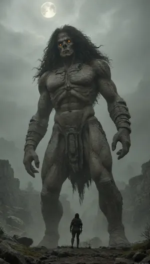 Low angle, size difference, Female stone colossus made of mossy boulders, Long flowing hair like cracked rock tendrils, Rounded shoulders, curved silhouette fading into fog, beautiful face — smooth stone, Thick grey mist swallowing it's lower body, (tiny knight standing near colossus:1.4), Barren hills below, dead trees like cracks in the sky, Pale moon barely visible through clouds, Desaturated colors, (stone grey, moss green, fog white), Painting by Caspar David Friedrich, A24 film still, lonely and silent, Sea of fog drowning everything below her ribs, Storm clouds grazing her shoulders, Sharp diagonal rock lines converging to her form, Terrence Malick cinematography, Stone texture masterpiece, giant, skull, glowing, eyes, made, of, stone, <lora:Colossus-000004:.8>