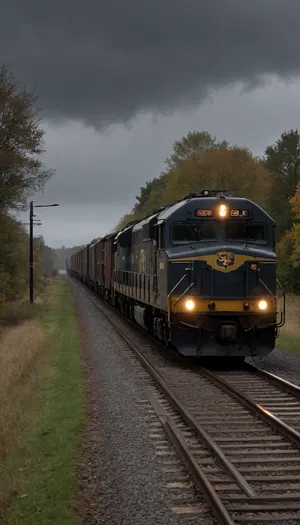 A freight train sorting station, the autumn grayness of drizzling rain, a dark sky full of black clouds, and a dim lantern barely illuminating the freight cars