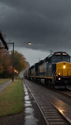 A freight train sorting station, the autumn grayness of drizzling rain, a dark sky full of black clouds, and a dim lantern barely illuminating the freight cars