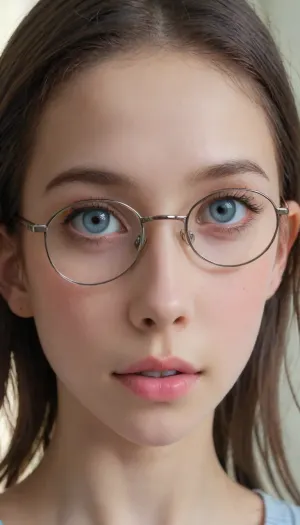 A 18 years old ebony female, long, straight bruenette hair, naked, (((round thin-rimmed glasses))), (((narrow low face))), young face, Super realistic, perfect lighting, (best shadow), 8K, clear image, (best lighting), highest quality, ultra-detailed images, fine details, high resolution, (skinny waist), (skinny), (18 years old), bright blue eyes, very detailed face, blush, BJ_Oxygen, krnpp, <lora:reallora1:.5>, <lora:Oxygen girl_SDXL1.0:.5>, <lora:karina_sdxl_v10:.5>