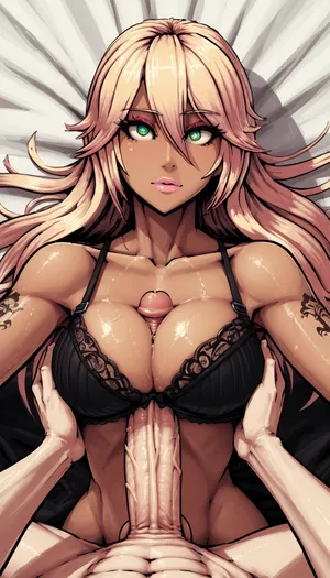 (Boxman art style), 1girl, (japanese), (gyaru), blond hair, long hair, braight pink lipstick, green eyes, pink eyeliner, perfect eyes, small eyes, detailed eyes, small nose, (tanned skin), (dark skin), oiled skin, good anatomy, ultra detailed, high resolution, fake breasts, pencil waist, titsjob, sexy body, hude breast, hude dick, tattoos on collarbone, tattoos on arms, tattoos on forearms, tattoos on body, black bra, seductive face, dark living room, no lights, dimly lit, open eyes, big penis, titfuck under bra, woman's arms behind her head, POV, on bed, (lying down)