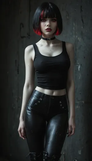 Slender 21yo woman, (bob cut and bangs black hair:1.3), (red highlights), Oval high cheekbone face. Wide jaw., (Pale skin:1.6), with soft features, heavy dark eyeliner and purple lip gloss.

Wide brown eyes, filled with devotion and submission, (Wearing black tank top, dark tight side laced leggings and high heel boots. Also wearing a thick black choker), Submissive body language, (Standing in a dirty motel), realistic detailed face, detailed hair, realistic detailed body, realistic detailed skin, realistic detailed breasts, realistic detailed pussy, random view angle, action pose, <lora:add-detail-xl:1.5>, <lora:style_lora_realis:.5>, <lora:dark:.8>, detailxl