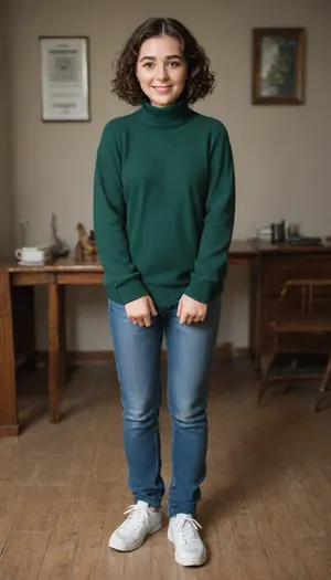 shy 28 year old woman, full body shot, (turtleneck pullover:1.5), (smiling), (highly detailed facial expression), (room with cheap desk), ((well-built figure)), (slightly chubby long legs:.8), (normal upper body), (short brown wavy hair), (curly bobcut), (short dark brown hair), ((standing insecurely)), small breasts, flat chest, (dark green cashmere pullover:1.1), (dark green jumper), (emerald pullover), (wearing long blue jeans:1.2), (wearing white sneakers), (well-built upper body)