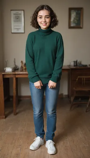 shy 28 year old woman, full body shot, (turtleneck pullover:1.5), (smiling), (highly detailed facial expression), (room with cheap desk), ((well-built figure)), (slightly chubby long legs:.8), (normal upper body), (short brown wavy hair), (curly bobcut), (short dark brown hair), ((standing insecurely)), small breasts, flat chest, (dark green cashmere pullover:1.1), (dark green jumper), (emerald pullover), (wearing long blue jeans:1.2), (wearing white sneakers), (well-built upper body)