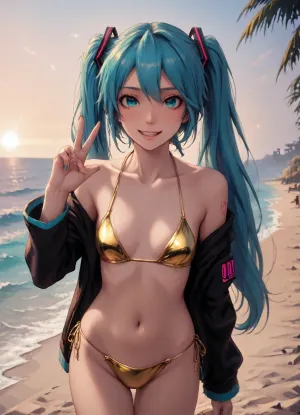 woman, best quality, masterpiece, (((Hatsune Miku:1.4))), detailed blue eyes, (blue hair), twintails, ((beach)), (vocaloid suit:1.2), (gold bikini), (flatchest:1.4), sand, ocean, peace, gyaru smile, happy, (evening), (((short height:1))), (((vibrant colors))), Animated, Nightmare, Style, (<lora:AnimatedNightmaresStyle:1.5>), <lora:SimplePositive_XL_v1_AutoRunMech:.8>