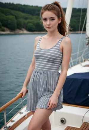 Slim 20 yo Student, 170 cm, 50 kg, auburn hair, medium long hair with hair bun and view wisps, grey eyes, slim face with some freckles on nose and cheeks, natural round breasts, b-cup, slim hips, rounded butts, Wearing a breton striped dress, bare feet, teva sandals, standing, facing the camera, full body view, candid photo, summer day sailing yacht