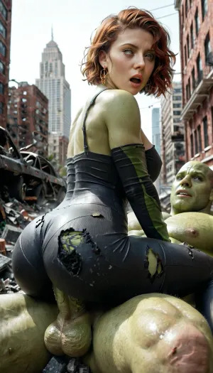 Fantastic detail, masterpiece, 4k image, detailed backgroumd, Downtown new york, skyscrapers damaged, chunks of concrete, concrete encrusted rebar, devestation, damaged infrastructure, building debris, the incredible hulk, 1 male with monster hulk face, (bulky muscular green hulk), lying underneath fucking vaginal 1 female Scarlett Johansson whom is thigh sitting, (wide his:1.4), (black full spandex knight bodysuit), green testicles against her face, huge green testicles, huge green penis, dark green veiny penis, perfectly round ass, scared, fearful, worried, seductive, Milly1Alcock101, <lora:sc_joha_v2:1.8>, <lora:add-detail-xl:1.7>, <lora:Freestyle_Styleme-000009:.9>, <lora:1514868_training_data:.5>