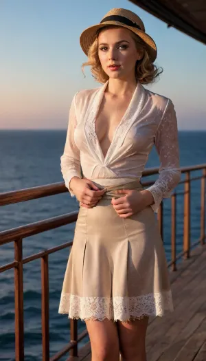 1940s, warm lightning, erotic, on deck of titanic, porno chic, subdued atmosphere, sunset lighning, beautiful elegant blond woman 20 year old, detailed eyes, (show tits), wearing an unbuttoned slim blazer with a fabric belt at the back, unbuttoned lace shirt, (show nipples), show tits, elegant dress, a large silk scarf tied with large knot, (((windyskirtlift))), windy upskirt, elegant ankle boots, little woman's cloche hat, chiaroscuro, back view, woman undressing, show pussy, fingering, unwearing, lace bra, caressing nipples, upskirt, watching the sea, ((windyupskirt)), show panties, great, lighting, sunlight_str1, <lora:add-detail-xl:2>, <lora:great_lighting:2>, <lora:sunlight_str1-SDXL_v1-dim64-steps1691:2>