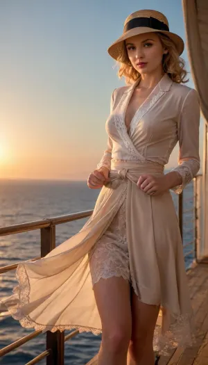 1940s, warm lightning, erotic, on deck of titanic, porno chic, subdued atmosphere, sunset lighning, beautiful elegant blond woman 20 year old, detailed eyes, (show tits), wearing an unbuttoned slim blazer with a fabric belt at the back, unbuttoned lace shirt, (show nipples), show tits, elegant dress, a large silk scarf tied with large knot, (((windyskirtlift))), windy upskirt, elegant ankle boots, little woman's cloche hat, chiaroscuro, back view, woman undressing, show pussy, fingering, undressing, lace bra, upskirt, watching the sea, ((windyupskirt)), show panties, great, lighting, sunlight_str1, <lora:add-detail-xl:2>, <lora:great_lighting:2>, <lora:sunlight_str1-SDXL_v1-dim64-steps1691:2>