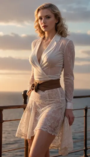 1940s, warm lightning, erotic, on deck of titanic, porno chic, subdued atmosphere, sunset lighning, beautiful elegant blond woman 20 year old, detailed eyes, (show tits), wearing an unbuttoned slim blazer with a fabric belt at the back, unbuttoned lace shirt, (show nipples), show tits, elegant dress, a large silk scarf tied with large knot, (((windyskirtlift))), windy upskirt, elegant ankle boots, little woman's cloche hat, chiaroscuro, back view, woman undressing, show pussy, fingering, undressing, lace bra, upskirt, watching the sea, ((windyupskirt)), show panties, great, lighting, sunlight_str1, <lora:add-detail-xl:2>, <lora:great_lighting:2>, <lora:sunlight_str1-SDXL_v1-dim64-steps1691:2>
