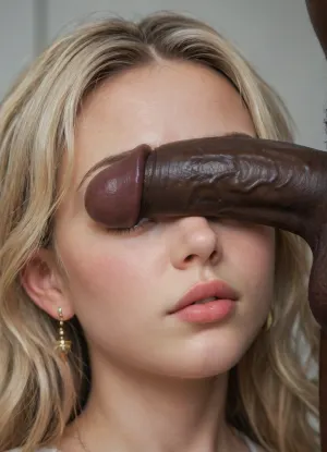 Close up face, young blonde girl, 18 years old, giant black cock lays on her face, huge balls, (face covered by cock), interracial, detailed black cock, (full black cock and balls), cock in front, girls face behind cock