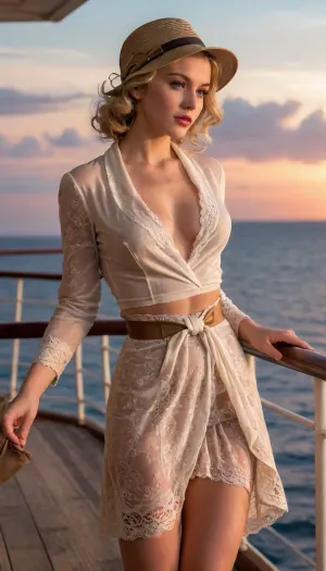 1940s, warm lightning, erotic, on deck of titanic, porno chic, subdued atmosphere, sunset lighning, beautiful elegant blond woman 20 year old, detailed eyes, (show tits), wearing an unbuttoned slim blazer with a fabric belt at the back, unbuttoned lace shirt, (show nipples), show nipples, elegant dress, a large silk scarf tied with large knot, (((windyskirtlift))), (((windyupskirt))), wind, lift, tug, elegant ankle boots, little woman's cloche hat, back view, woman undressing, show pussy, fingering, undressing, lace bra, upskirt, watching the sea, ((windyupskirt)), ((show pussy)), great, lighting, sunlight_str1, <lora:add-detail-xl:2>, <lora:great_lighting:2>, <lora:sunlight_str1-SDXL_v1-dim64-steps1691:2>